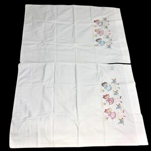 Vintage Lot PAIR Embroidered  Pillowcases Sleepy Dress Ladies Flowers Peep Toe